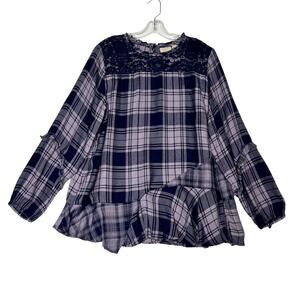 LOGO Lavish x Lori Goldstein Woven Plaid Blouse Lace Detail Purple Womens Large
